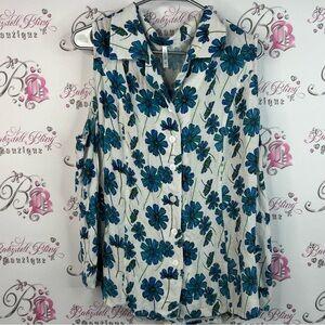 Blue Sky tank top linen and bamboo Floral Button-Up Blouse - Blue and White